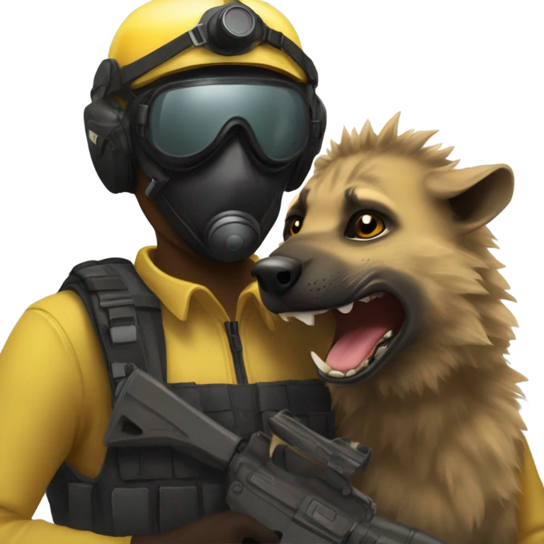 Yellow army Pilot with black mask googles, and then a big hyena kissing him emoji