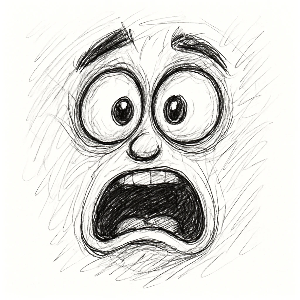 Make the shocked face even more expressive and exaggerate the emotion in a hand drawn doodle style. Emphasize wide eyes, open mouth, and dramatic facial features with sketchy, hand drawn lines and a doodle aesthetic. emoji