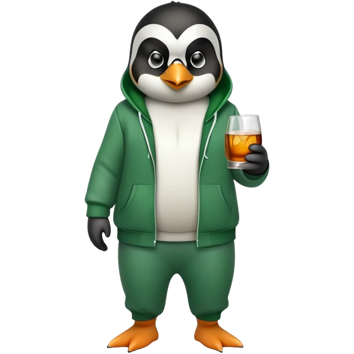 full body friendly anthropomorphised penguin wearing green mafia-style tracksuit, angry confident scheming stance, holding glass of whiskey emoji