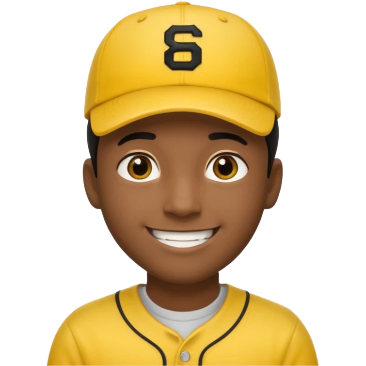 A man with dark skin tone, wearing a bright yellow baseball cap, short black hair mostly covered by the cap, large brown eyes, and a wide smile. emoji