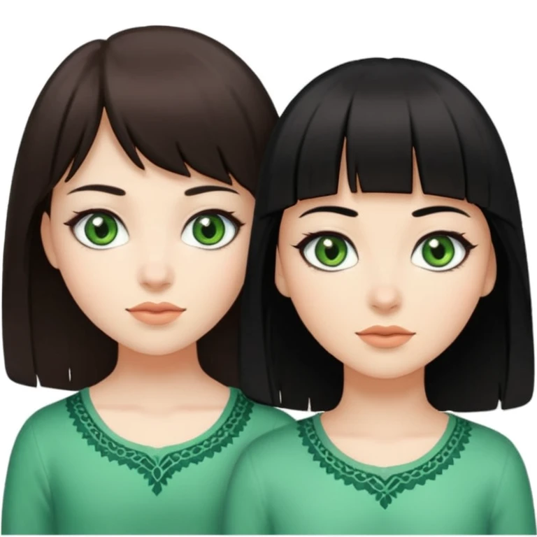 Une fille brune avec tes yeux verts et une peau claire et à côté une fille plus grande avec des cheveux noirs et une frange une pommade des yeux noirs en amande emoji