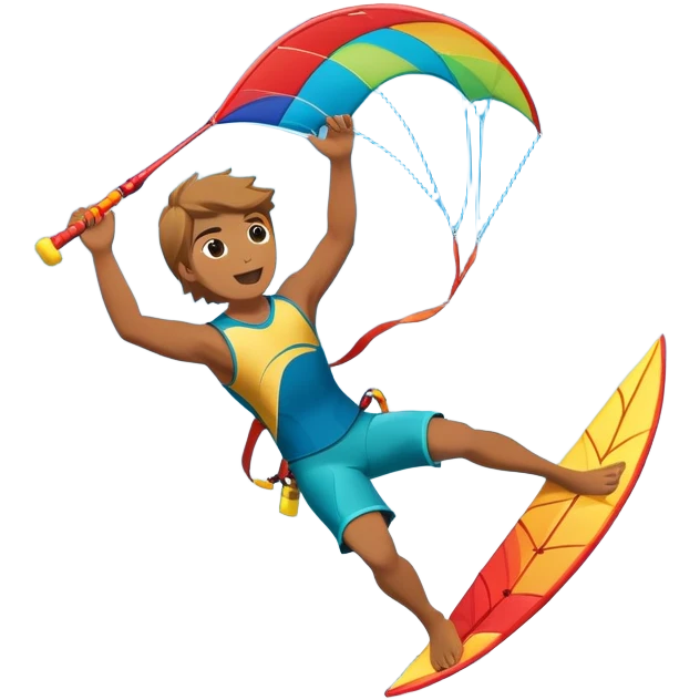 A kite surfer soaring above the waves, holding onto a kite with the wind in full force. The background showcases the ocean and sky, emphasizing the freedom, thrill, and energy of the sport. The motion of the kite and board is dynamic, capturing the excitement of kiting. emoji