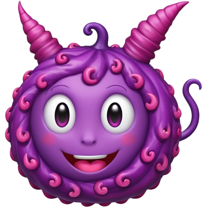 A cute anime-style purple devil fruit with pink spiral patterns, a curly swirl stem on top, glossy texture, simple shading, emoji style, centered on a plain background. emoji