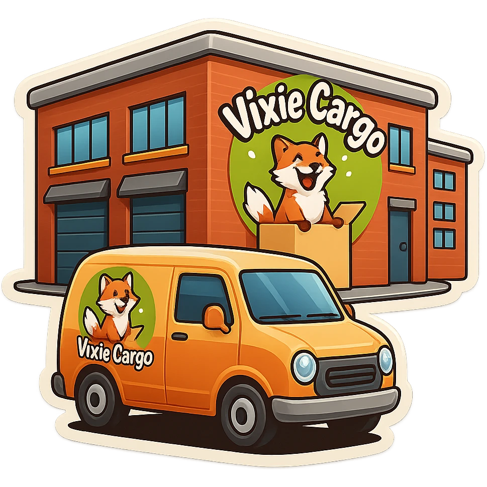 Create a variation of the parcel warehouse building emoji with the Vixie Cargo logo, adding a small delivery van in front, with no background. emoji