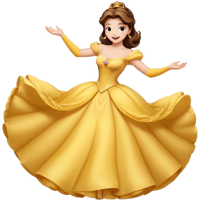 Cinematic Playful Belle Portrait Emoji, Spinning joyfully in her ball gown, arms outstretched, a radiant smile lighting up her face, exuding an enchanting blend of fun and elegance! emoji