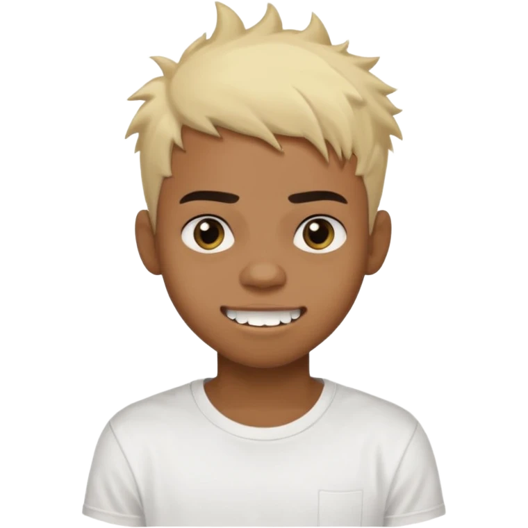 Black Male Teenager with Short punk messy blonde hair, Dark brown bushy eyebrows large expressive golden-brown eyes, wearing a plain white t-shirt, Dark Brown skin color. Fun teeth emoji