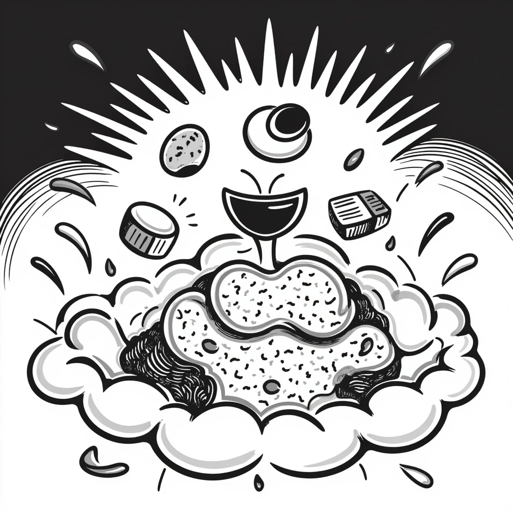 Glowing muscle fibers illuminated from within, vibrating and expanding with energy. Food icons (meat, egg, beans, tofu, yogurt) orbit around the muscle fibers in a warm floating orb. emoji