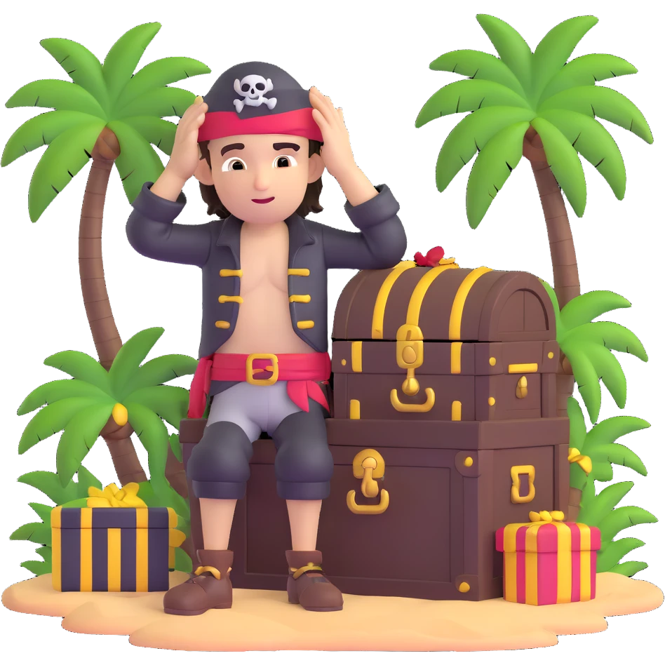 kid pirate with hand on forehead looking for something, one foot on treasure chest, palm trees in background emoji