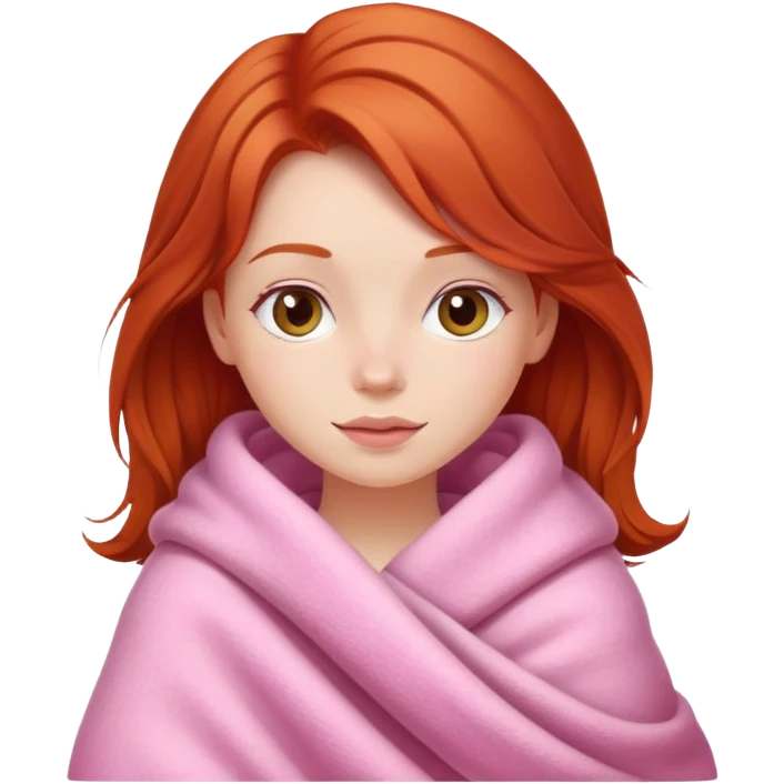 A redhead girl with a pink big cozy blanket emoji