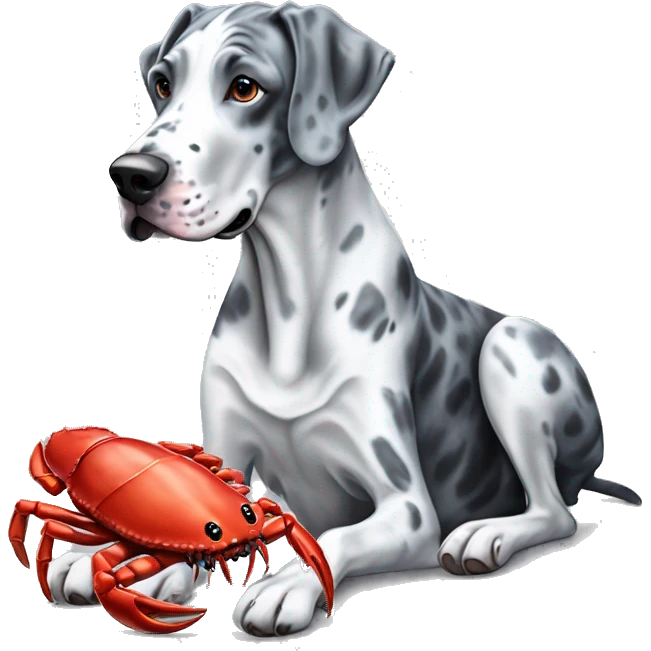 Blue Merle Great Dane eating red crab emoji