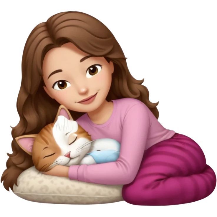 girl with wavy long brown hair, brown eyes, light to medium complexion, long lashes, light pink lipstick, smiling, wearing light pink shirt, sleeping on a cozy pillow, with brown tabby cat  emoji