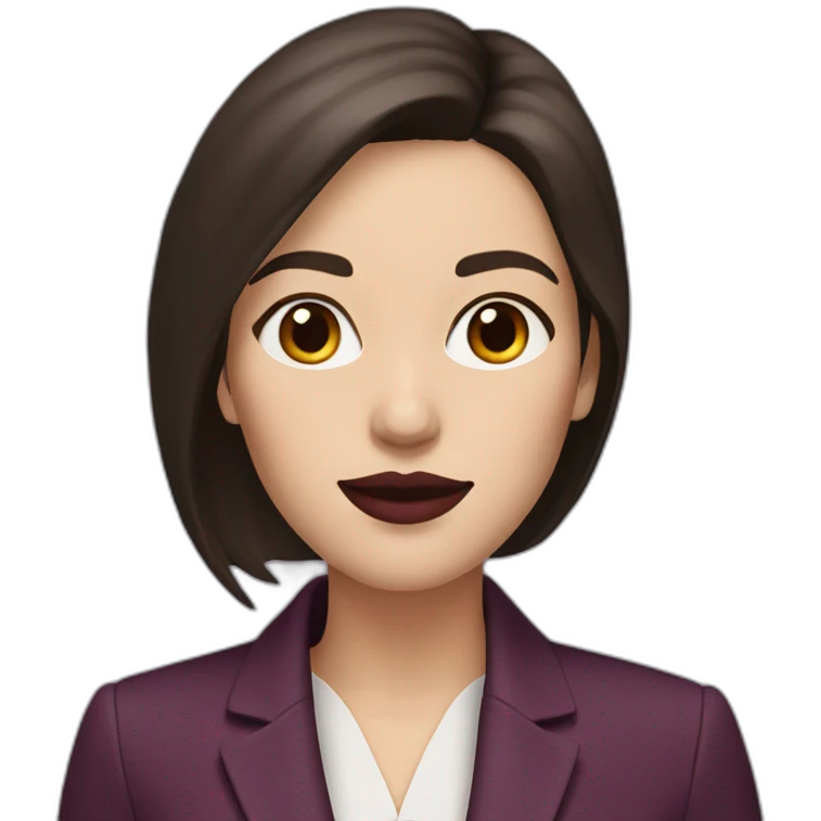 a white woman, dark brown straight hair, wearing marsala lipstick and using a purple blazer emoji