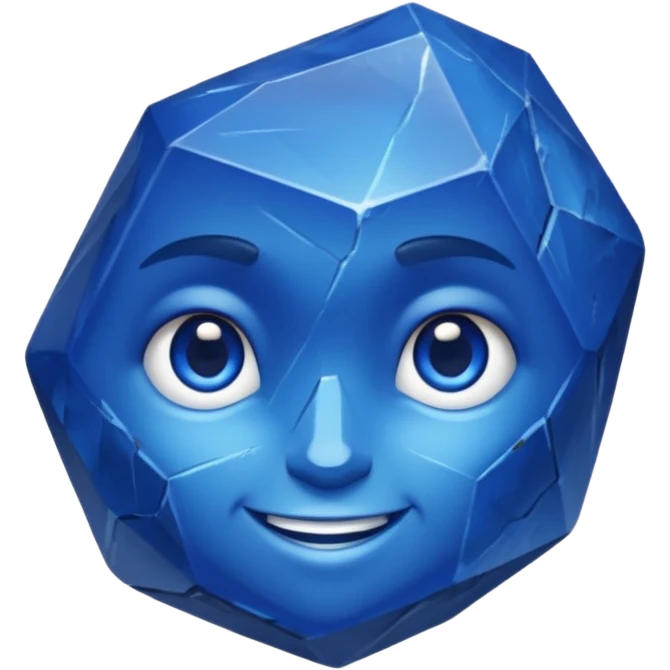 A single sapphire-blue faceted rock head, chunky and worn, with a few visible cracks and chipped facets but still shiny, big kind eyes and a confident smile, 3D game asset, centered on dark background, no body, no other elements. emoji