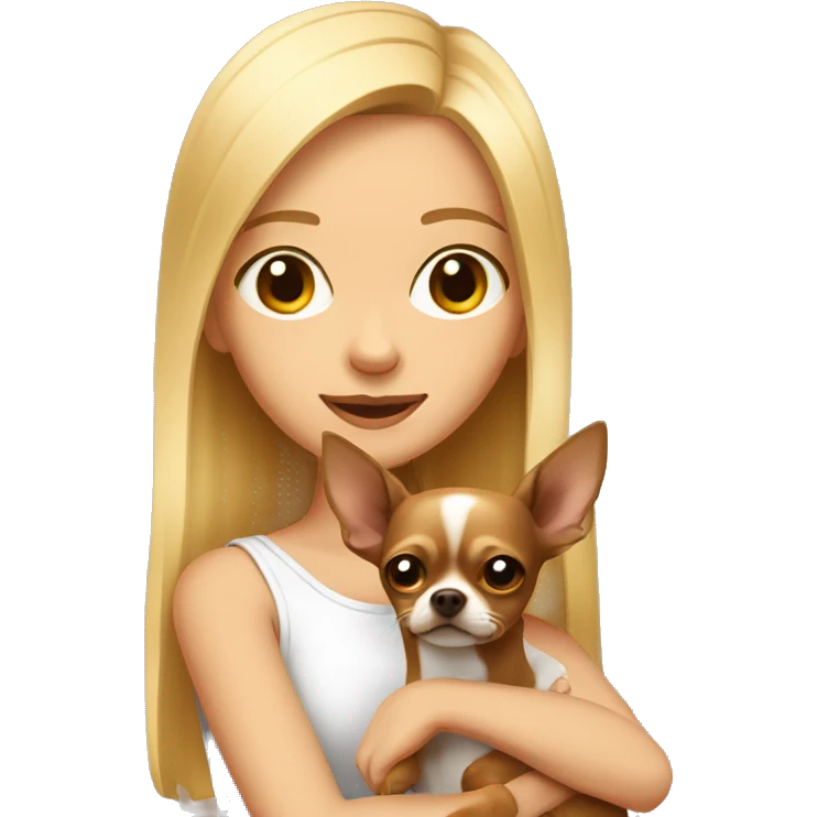 A blonde girl in her arms with a brown Chihuahua dog emoji