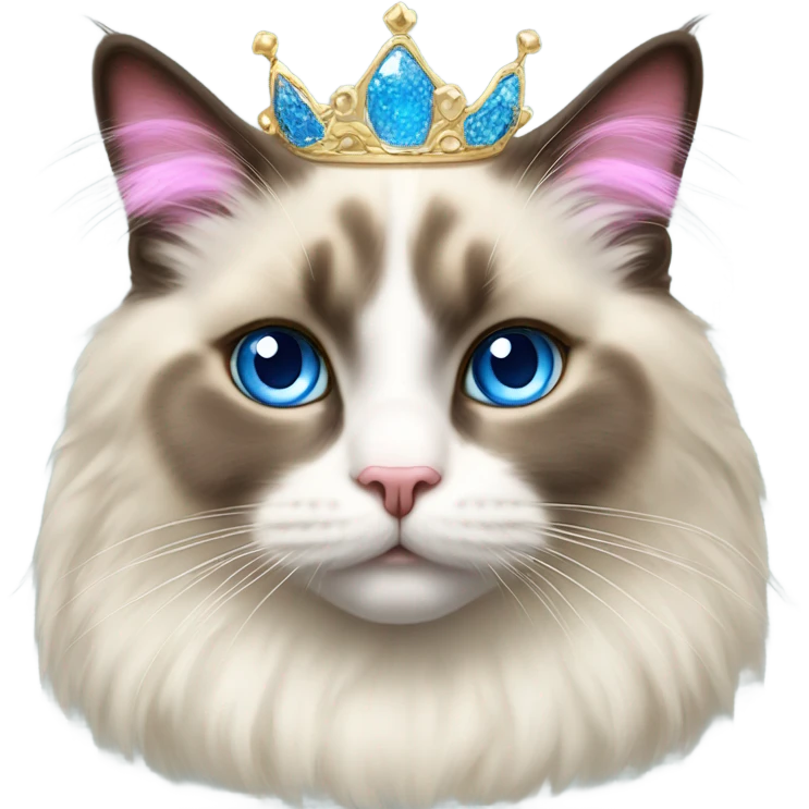 Realistic ragdoll cat with blue eyes wearing pink and gold tiara emoji