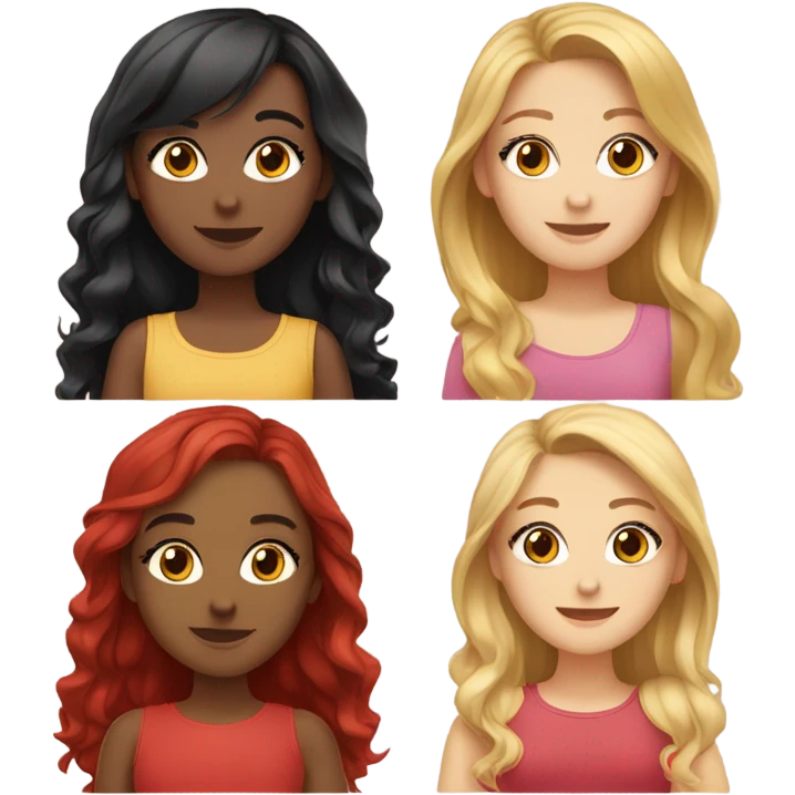 Group of 5 beautiful girls. Girl 1- brown hair. Girl 2- black hair. Girl 3- redhead. Girl 4- golden hair. Girl 5- light blonde.  emoji