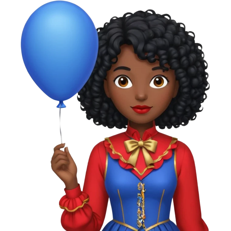 woman with curly black hair and dark face red costume, holding blue balloon emoji