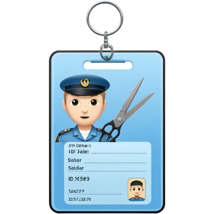 black Scissors cutting a light blue idf soldier ID card in 2 parts .hyper realistic emoji