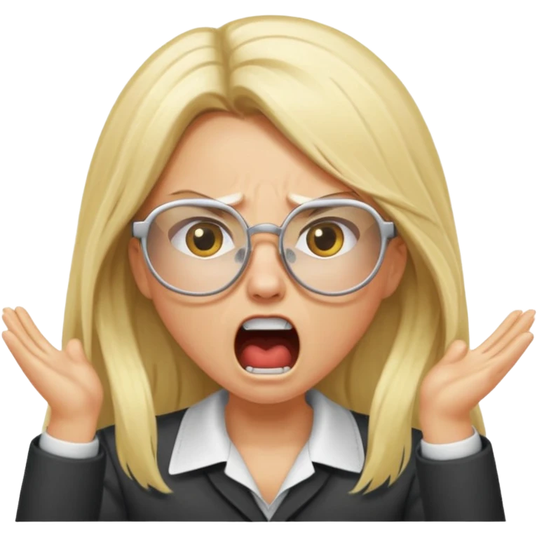 blonde girl with long hair, white glasses, shouting angry emoji