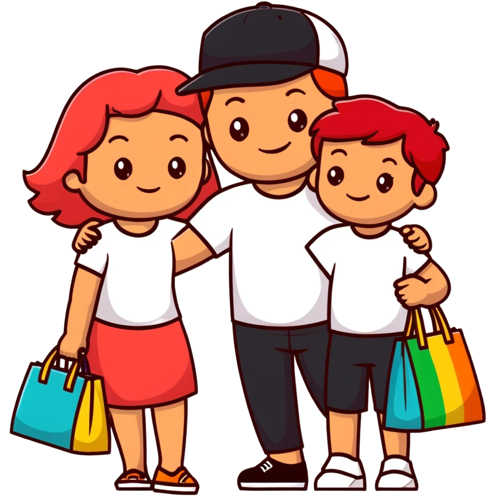 A happy family of four - father in white t-shirt and cap, mother with red hair in coral dress, young daughter in matching dress with rainbow handbag, teenage son in light embroidered shirt, all smiling together emoji