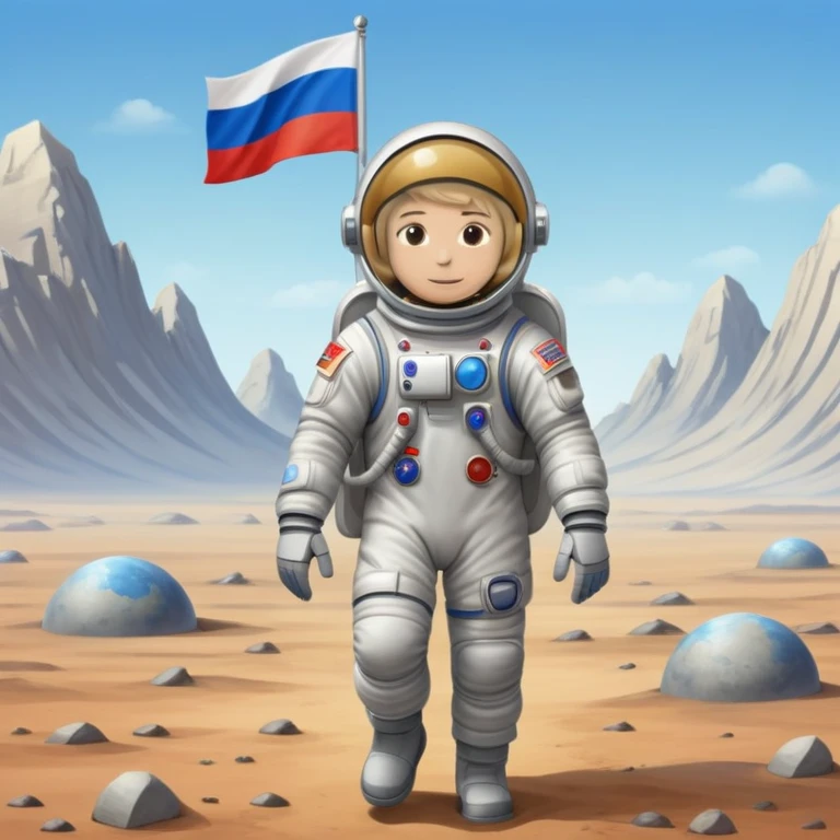 Cosmonaut walking on a planet surface, wearing a spacesuit with Russian flag, light hair and light skin visible through helmet emoji