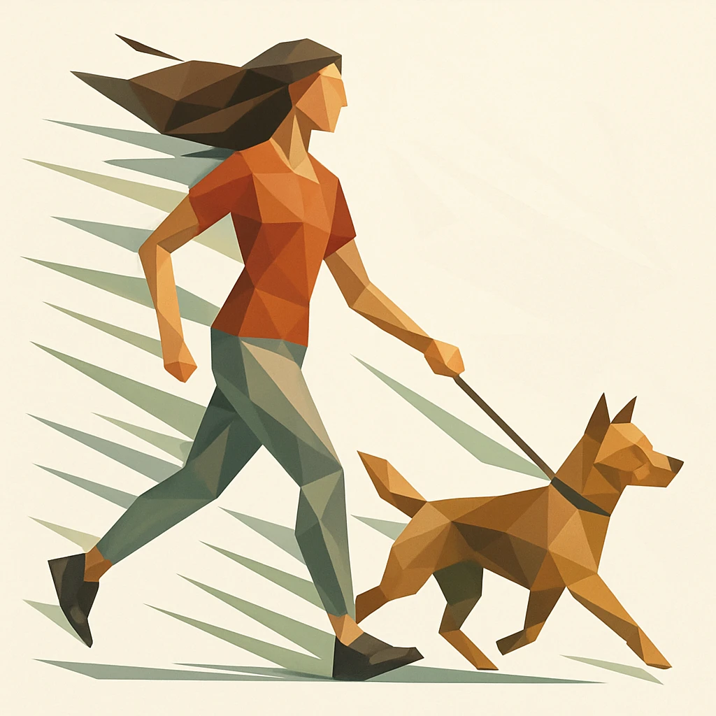 Woman walking a dog, both stylized in faceted motion lines.


 emoji