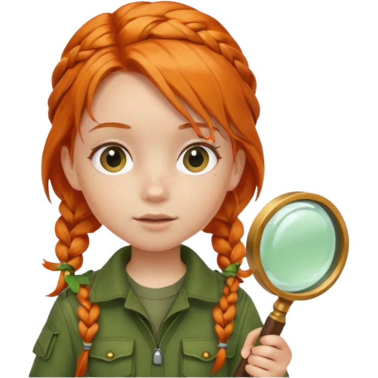 braid orange haired girl kid in moss green explorer outfit, holding magnifying glass emoji