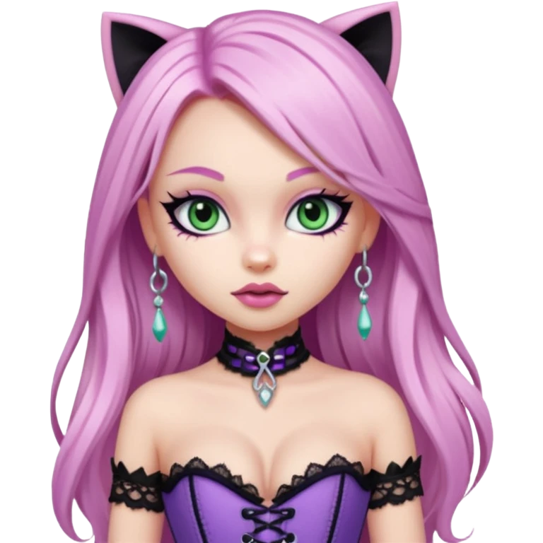 pretty bratz girl, long straight LIGHT pink HAIR, jade kitten eyes, black eyeliner, pale skin, purple corset clothes with laces emoji