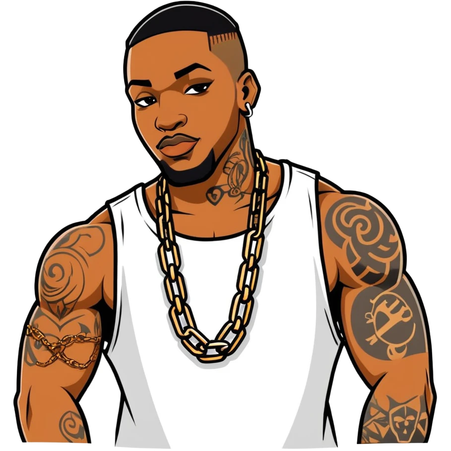 black man with tattoos, wearing a chain and grills emoji