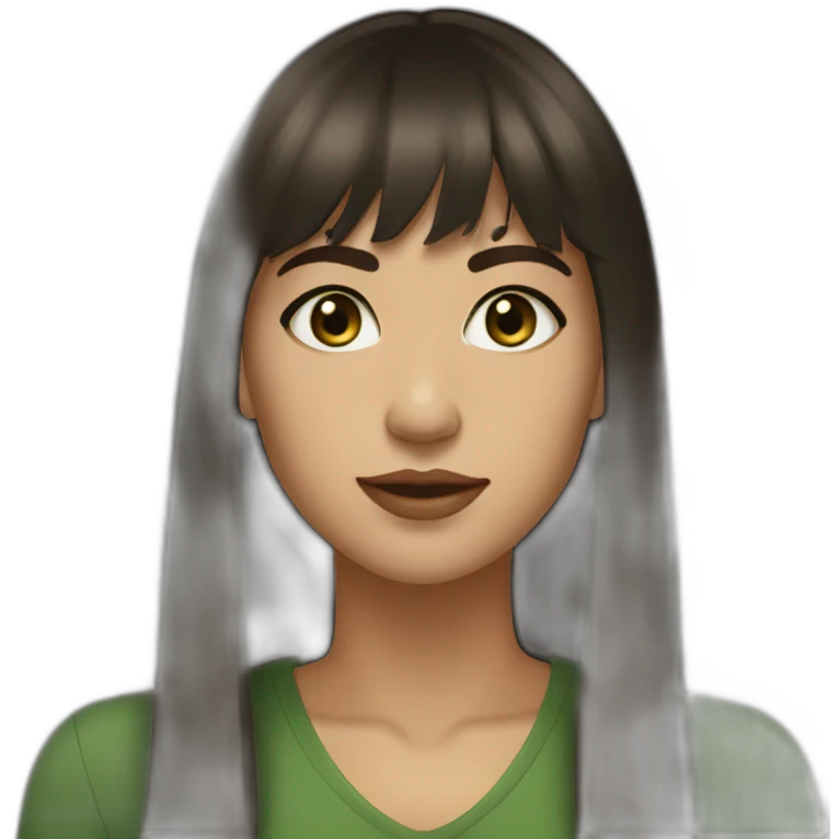 Young woman, light skin, long dark brown hair, straight bangs, dark green eyes, golden earrings emoji