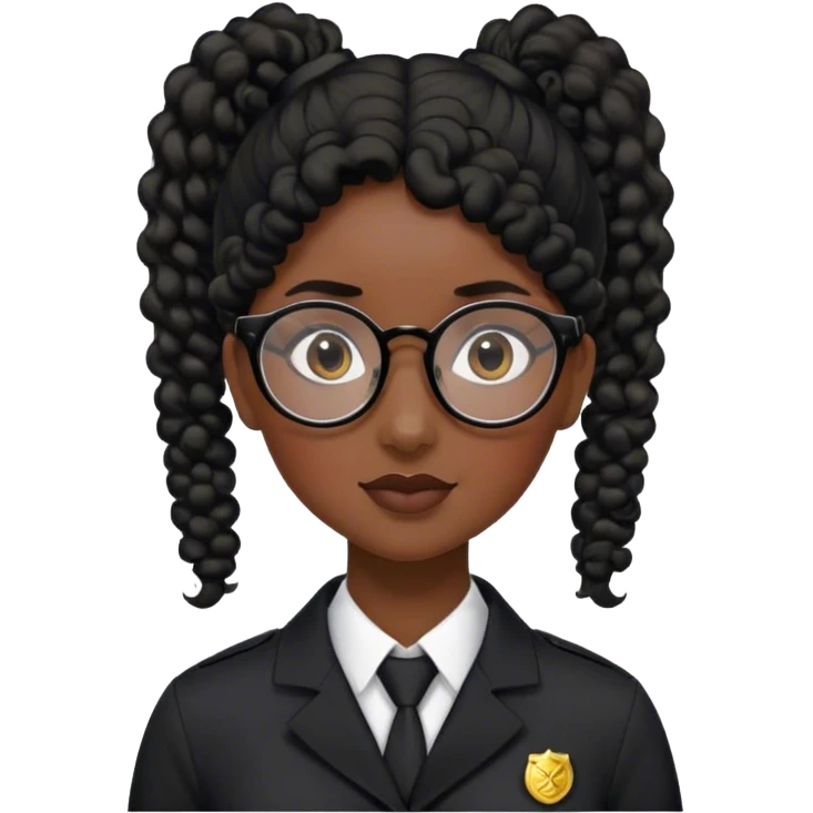 femme pilote d'avion en uniforme noir aux cheveux bouclés noir et petites lunettes arrondis identique avec des cheveux très long et la peau noir mais légèrement plus claire avec les cheveux attachés in a ponytail 1 seule personne, cheveux moins épais garde le personnage de gauche and give her more définition and less volume emoji