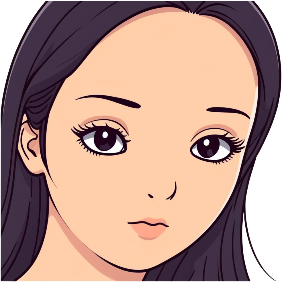 White girl with long oval shaped face, large almond shaped eyes with long eyelashes, long straight black hair falling in front of her bare shoulders, face closeup emoji