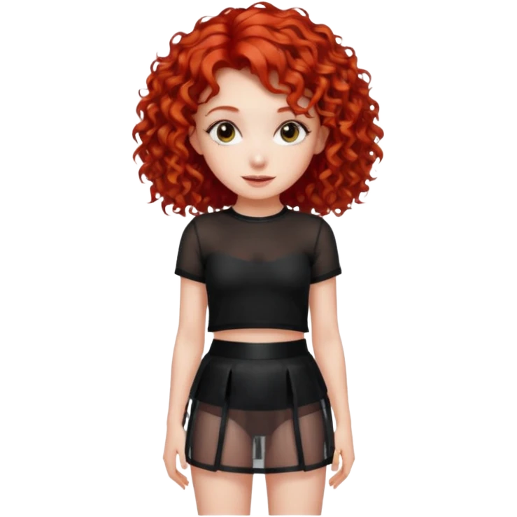 Naked red curly haired girl with very large big boobs and cleavage.  Thin waist and wide sexy hips. Her boobs are naked but wearing a see-thru black mesh very short mini-skirt emoji