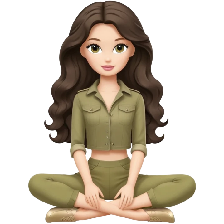 A white Barbie girl with long dark brown wave hair in a pale olive clothes Sitting on the splits emoji