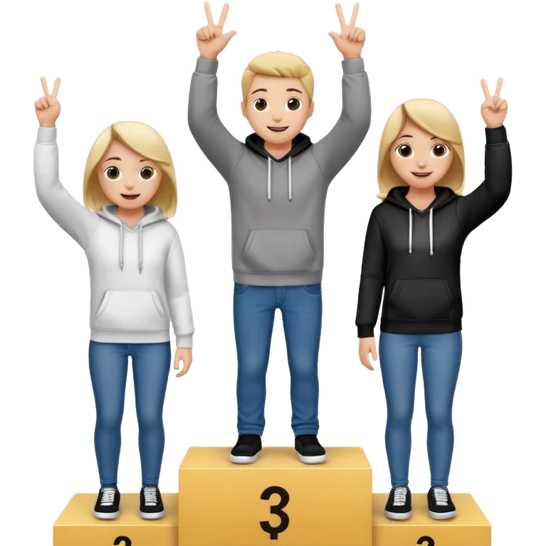 three people in jeans and hoodies on a winners podium, black and white, center step higher, no numbers, center person holding up one finger on each hand, left person holding up two fingers on each hand, right person holding up three fingers on each hand, cheerful expressive emoji style emoji