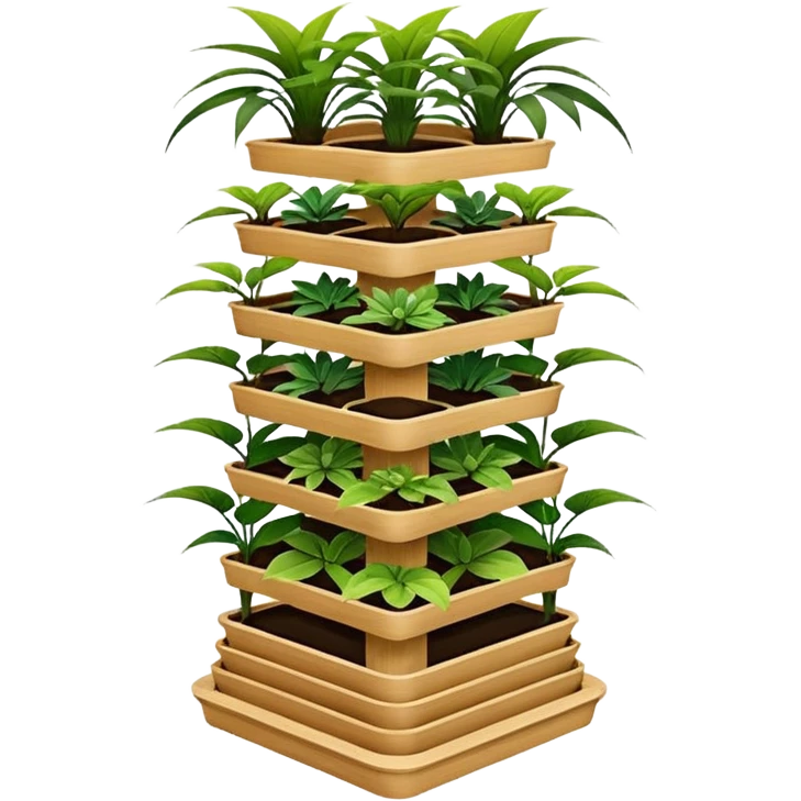 Very Large alien-futuristic multi-tier multi-level square-sided plant rack, which holds thirty-five plants, constructed from plywood emoji