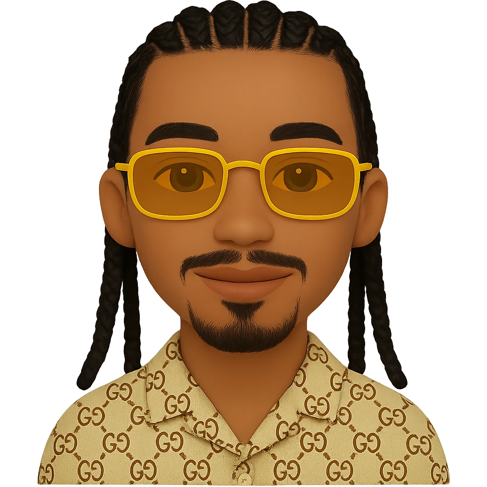 Create an emoji style smiley with a thin face, slightly lighter skin tone, beard only on the chin and a small mustache under the nose (no beard on the cheeks). The hair is black with very detailed braids as shown in the reference photos. The character wears rectangular golden sunglasses and a beige top with a GG pattern and visible collar. The background should be transparent. The details of the braids and face should be faithful to the reference photos. emoji