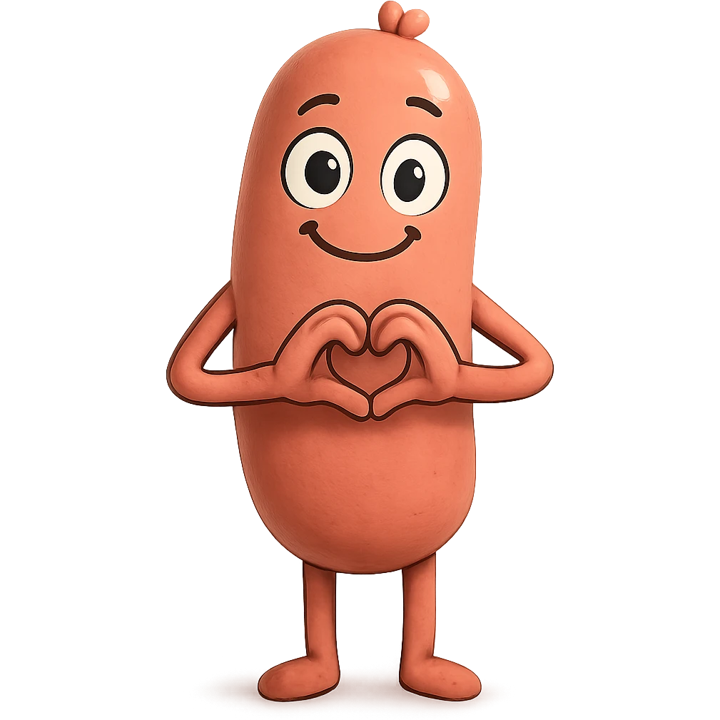 a smiling sausage-shaped humanoid with a pinkish-orange body, simple arms and legs, big eyes, and a happy smile, forming a heart with its hands emoji
