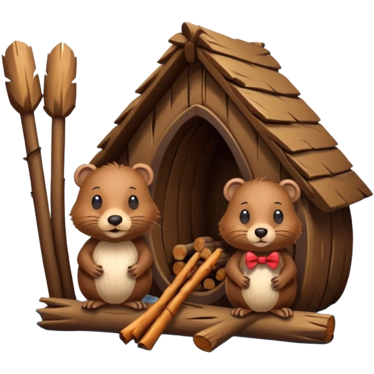 a beaver couple, one a female with a bow on her head in a beaver home made of sticks and logs emoji