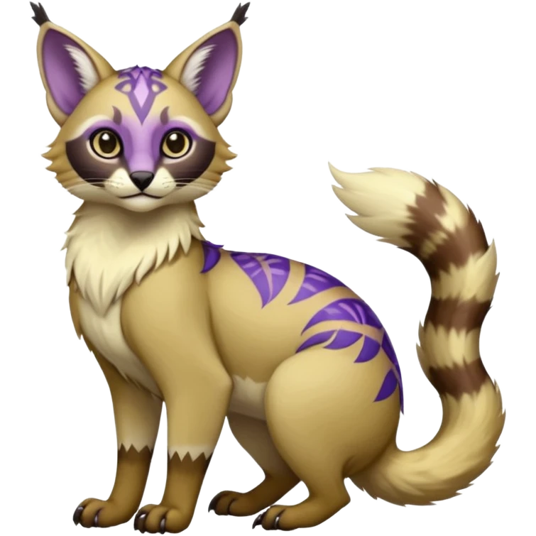 banana-cream-colored fur base coat, with violet-pointed, tropical tribal glorious divine exotic cute cool beautiful beautiful fantasy-caracal-civet-genet-sergal-vernid-Gryphon-Cacomistle-Trico-oncilla-animal-Fakémon-hybrid-fursona (full body) emoji