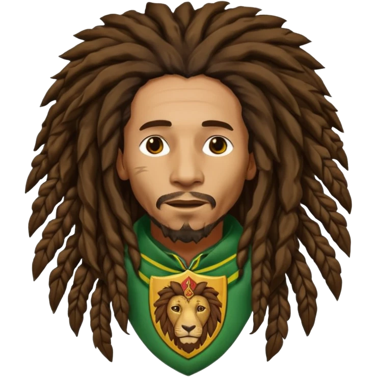 melancholic  Bob Marley with gigantic dread locks in form heraldic crest with ethiopian lion emoji