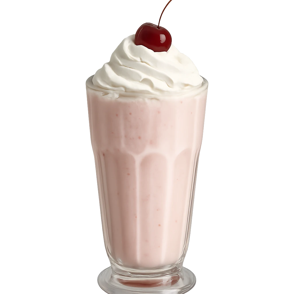Remove the background and keep only the realistic glass of milkshake with whipped cream and cherry with a transparent background in photorealistic style. emoji