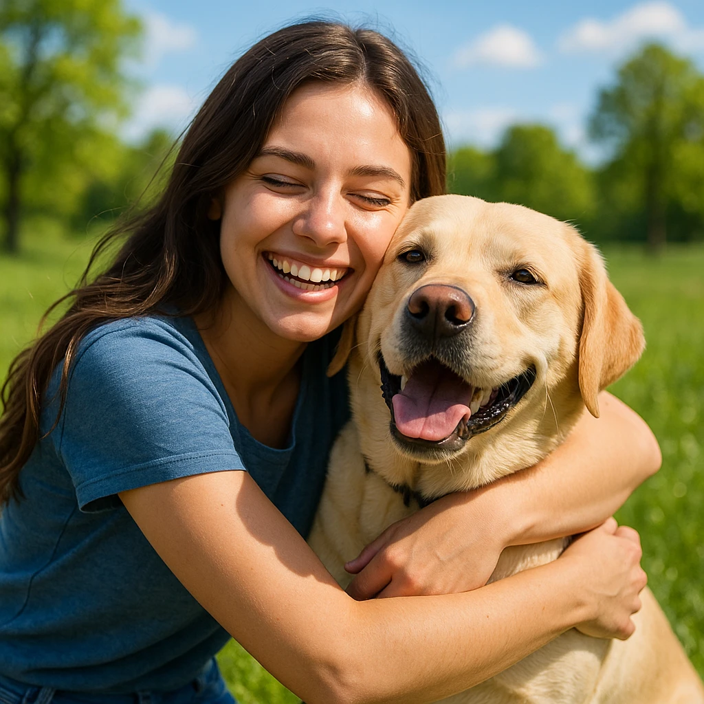 brunette girl hugging a yellow labrador dog, cheerful atmosphere, bright and happy outdoor environment emoji