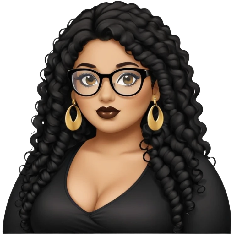 big plus size, latina, darker tan skin, long black curly hair, baddie,pretty, makeup, lipgloss, black eyeliner, long hair, stud gold earrings, black top, black glasses emoji