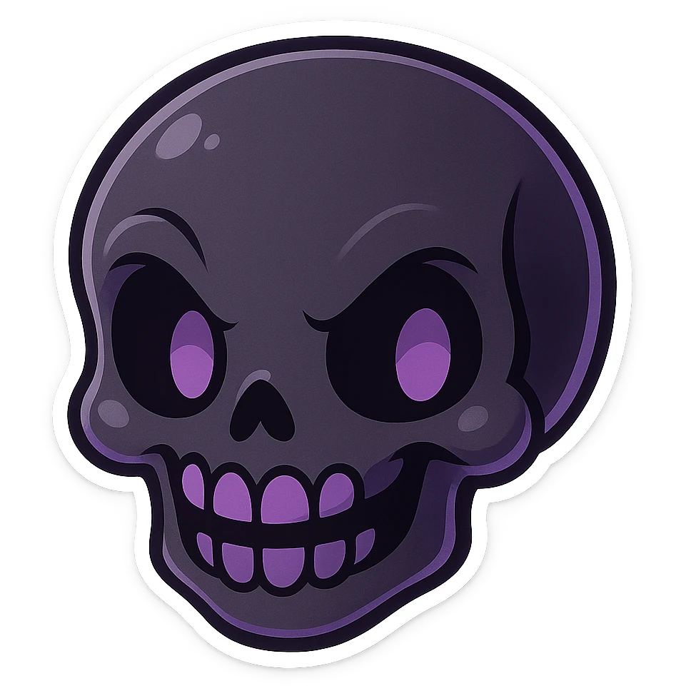 gothic black and purple skull, playful and spooky, chibi style sticker emoji