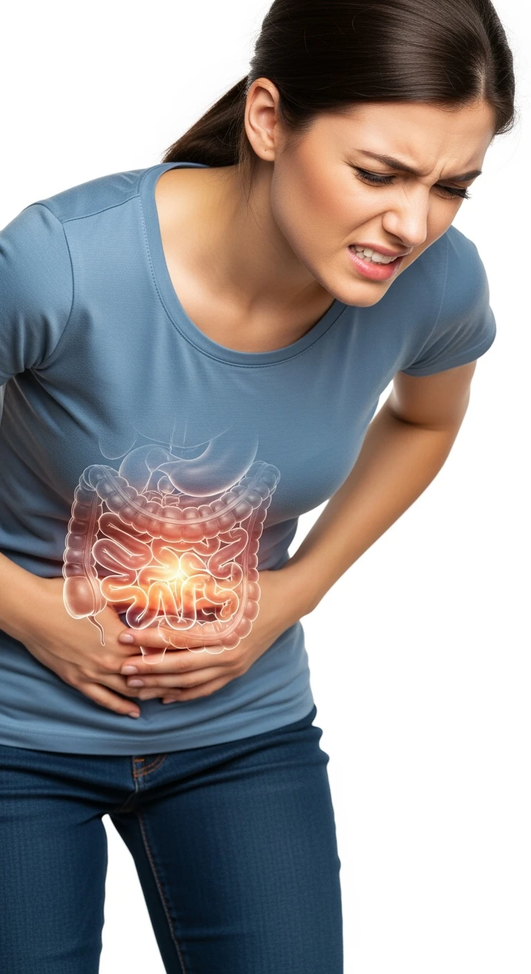 donna piegata in avanti frontalmente con mal di pancia, espressione di dolore in volto in primo piano e intestino anatomico in evidenza, iperrealistico 4k, sfondo bianco emoji