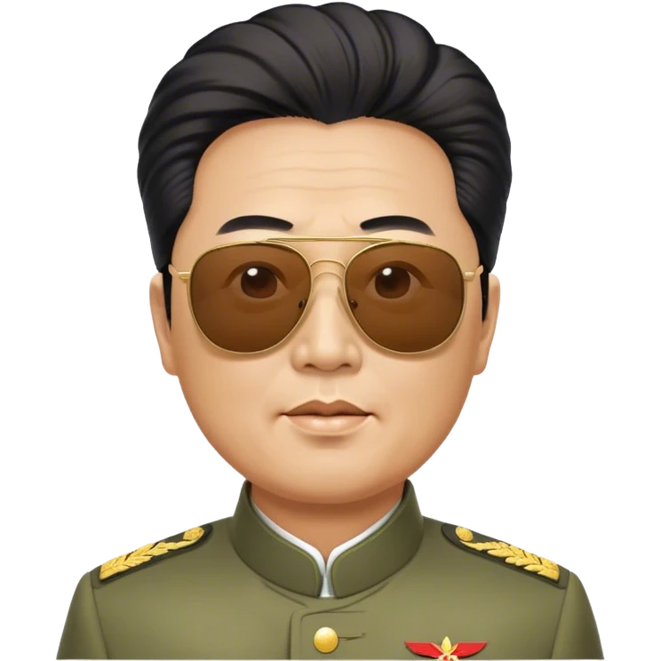 Middle aged comrade Kim Jung Il wearing mao suit and large sunglasses with his hair swept up by the wind emoji