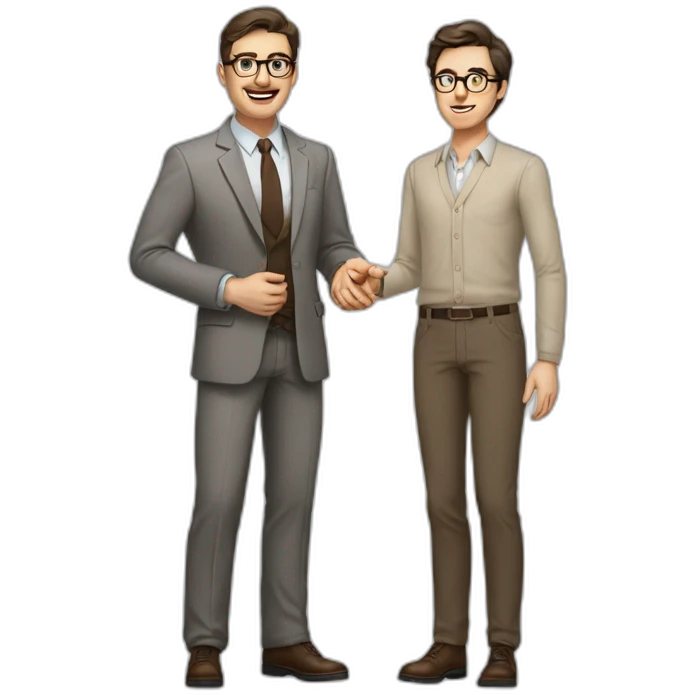 Full height Actively gesturing with hands Pale skinned fit man with dark brown hair in gray jacket, beige office shirt, brown tie, brown pants and vintage glasses. emoji