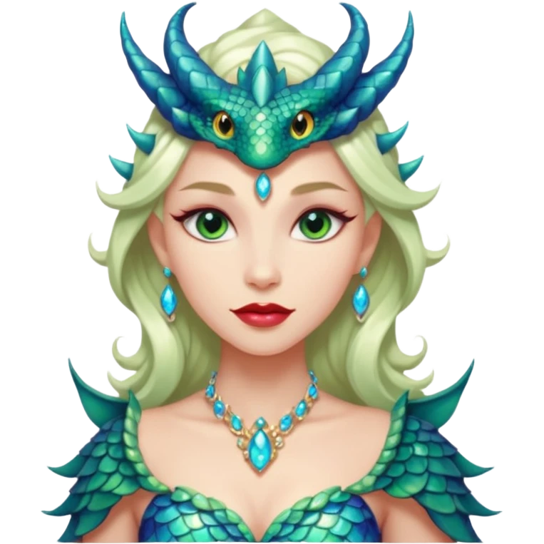 Am amazing blend of a half dragon woman with glittering jeweled scales covering her body. She has large almond shaped eyes, lush lips, and she wears a stunning luminescent gown. emoji