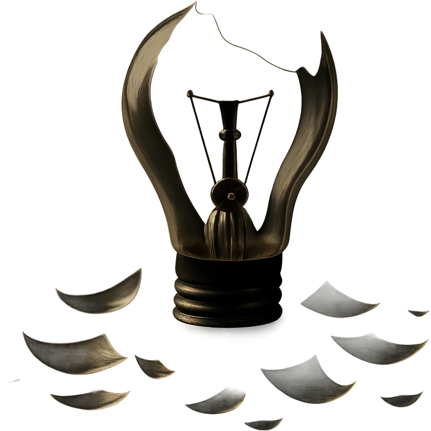 Show a broken lightbulb with exposed filament and scattered glass in a moody atmosphere. Maintain a transparent background. Focus on the moody lighting and scattered glass details around the exposed filament. emoji